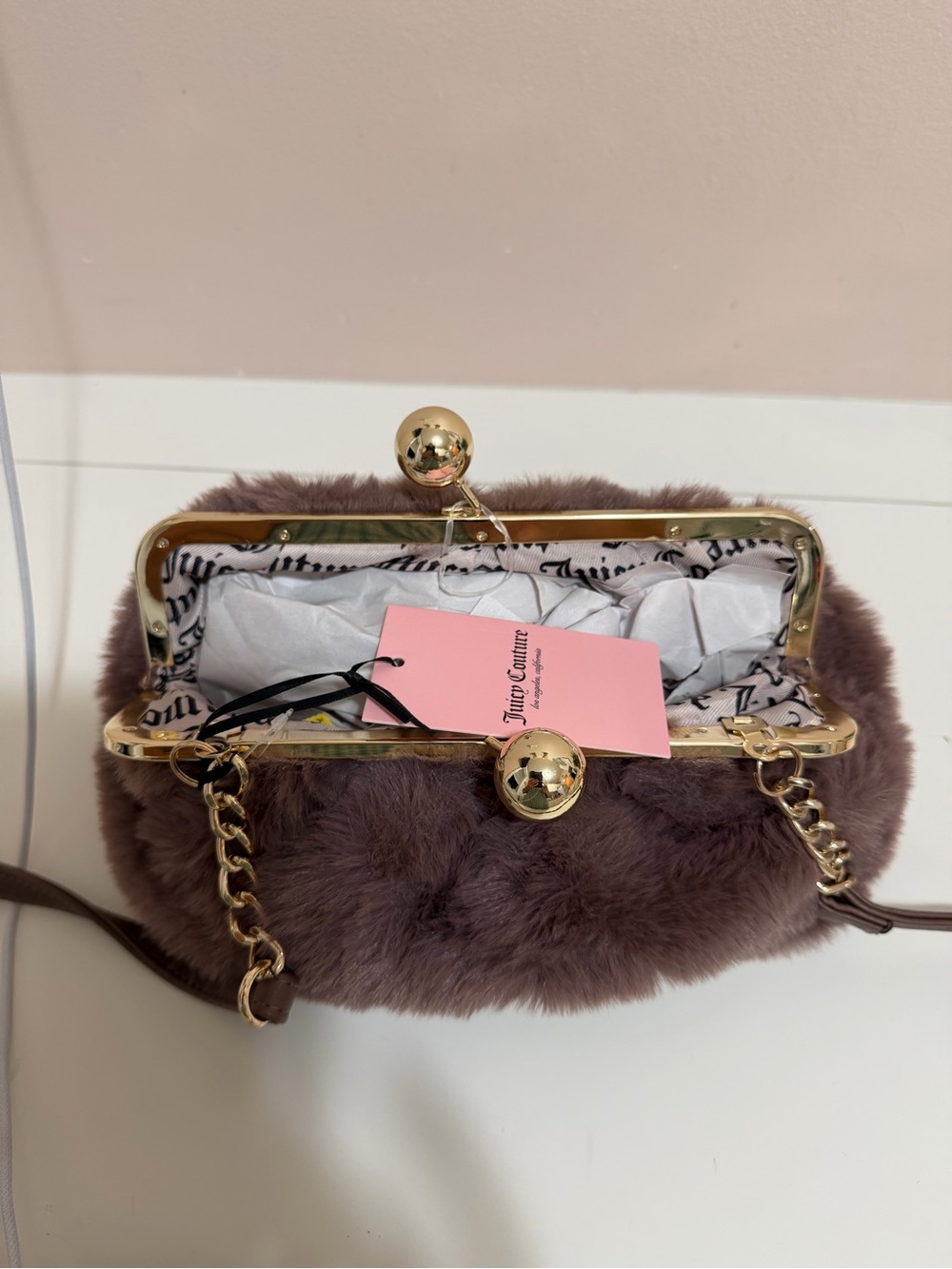 Juicy Couture Taupe Faux Fur Mini Kiss-Lock Crossbody with Gold Hardware - Picture 3 of 3